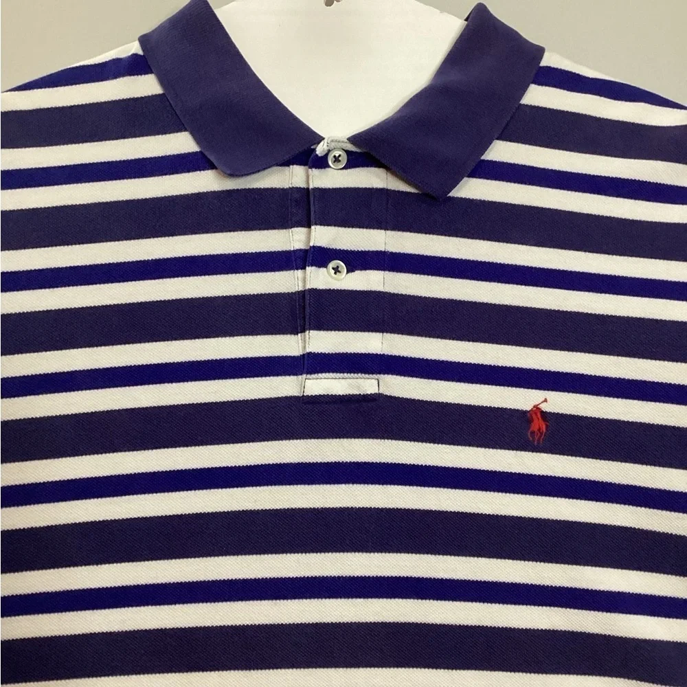 Ralph Lauren Men's Navy and White Striped Polo Shirt Size XL